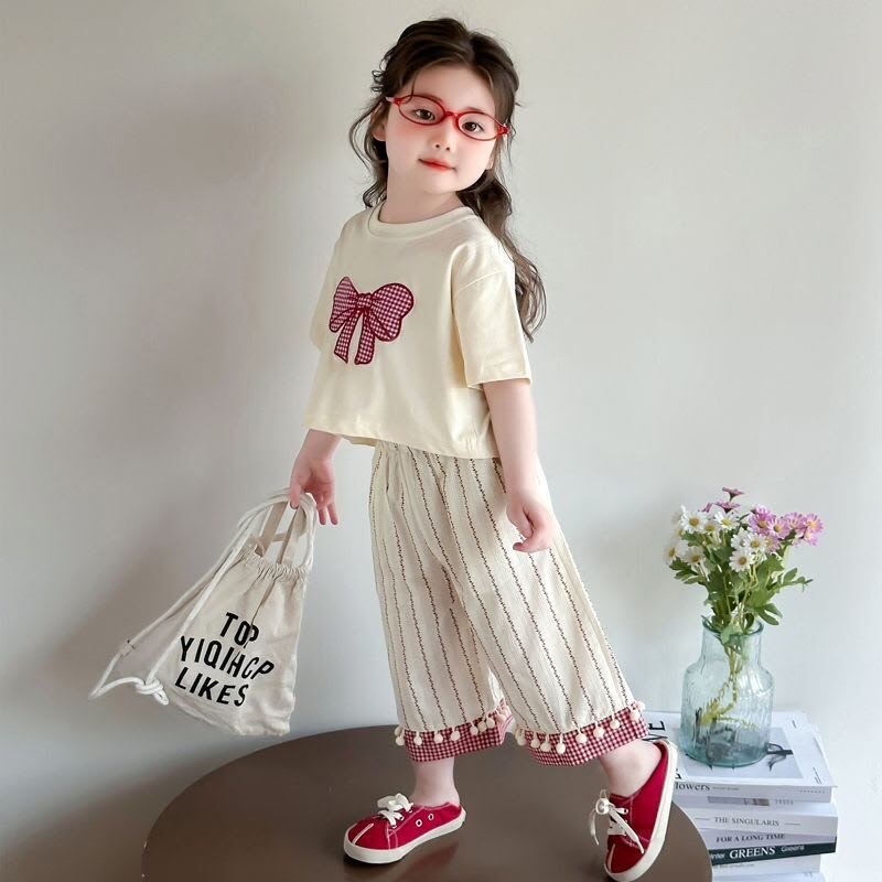 Girls’ Bow Print Top with Striped Wide-Leg Pants Set - Image 3