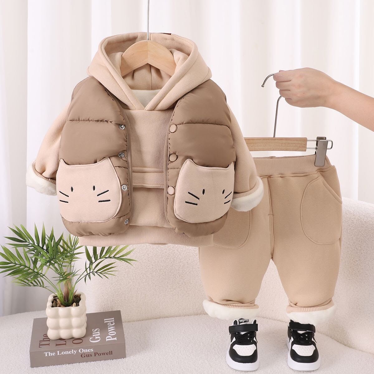 Baby Beige Cat Pocket Hooded Winter 3-Piece Set - Image 3